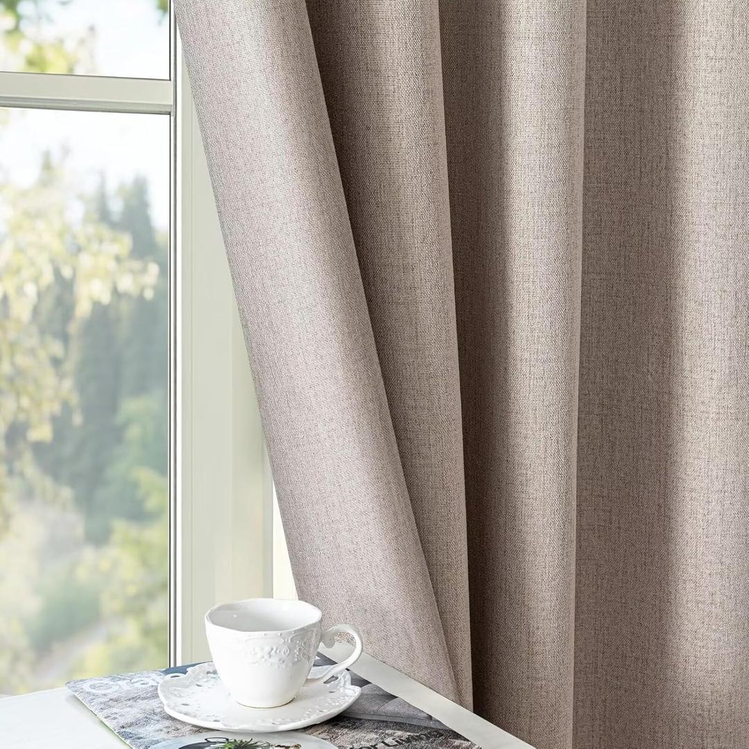 100% Blackout Curtains 96 inch Length 2 Panels Faux Linen Long Drapes for Bedroom Living Room Black Out Room Darkening Curtain Thermal Insulated Back Tab Rod Pocket(W52 x L96, Beige)