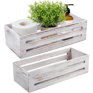 LotFancy Bathroom Decor Box, 2 Pack Wooden Toilet Paper Holder, White Toilet Storage Basket for Back of Toilet, Farmhouse Toilet Tank Topper (White (Hollowed-out))