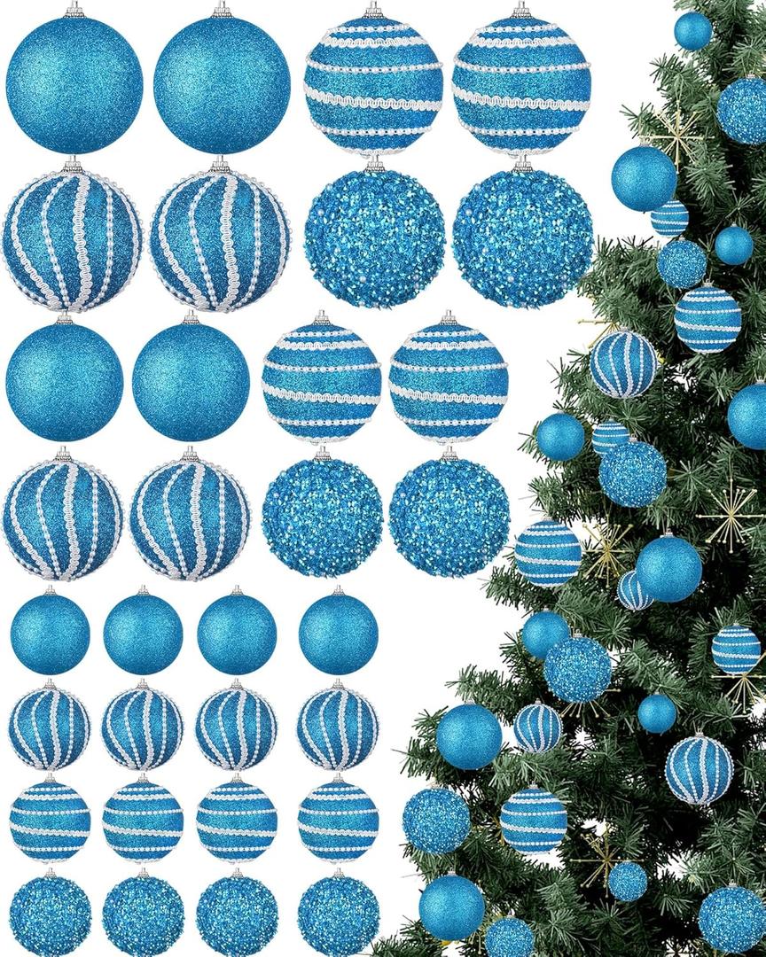 32 Pcs Christmas Hanging Balls - 3 Size Glitter Pearl & Sequin Xmas Tree Ornaments Pearl Balls for Thanksgiving Day Xmas Trees Wreath Garland Holiday Party(Light Blue)