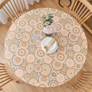 LIBERECOO Round Fitted Tablecloth with Elastic, Flannel Backed Vinyl Tablecloths for 45" - 56" Tables, Waterproof Wipeable Reusable Plastic Table Cloth for Indoor & Outdoor, Boho Sunburst Medallion