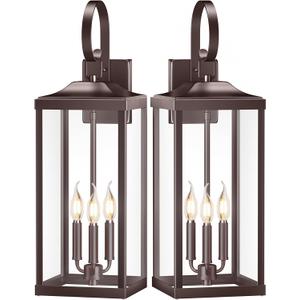 2 Packs 24" Extra Large 3-Light Outside Wall Light Fixture, Oil Rubbed Bronze Outdoor Porch Lantern Wall Mounted, Waterproof Modern Brown Outside Wall Sconce Coach Lamp for House, E12 (Bronze (No sensor))