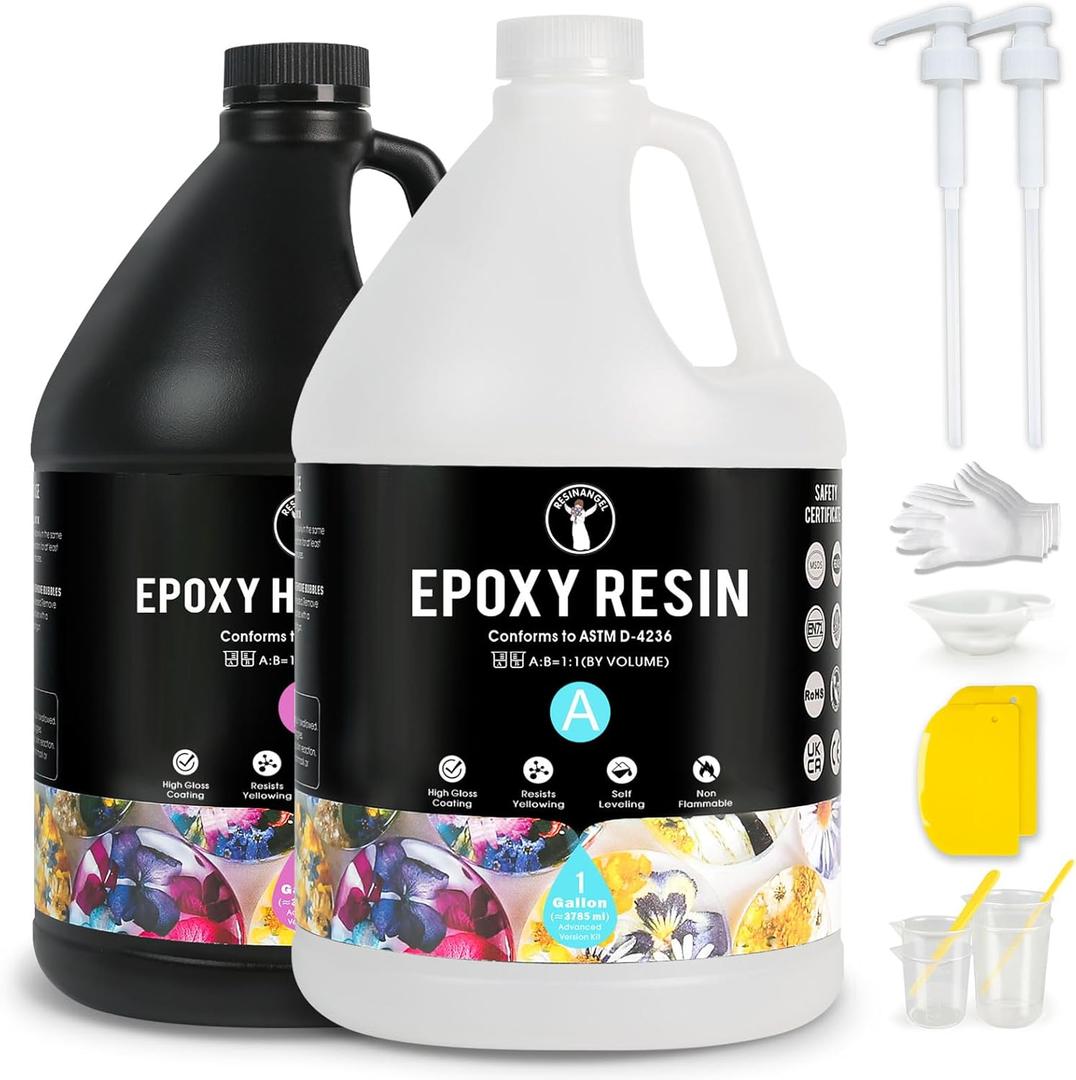 ResinAngel 2 Gallon Epoxy Resin Kit  1:1 Ratio, Crystal Clear, Self-Defoaming, Low Odor, Fast Cure, Non-Toxic Casting Resin for Wood, Flowers, Art & Beginner Crafts