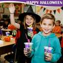 24 Set Creative Halloween Classroom Favor Trick or Treat Plastic Cup with Lid Colorful Straw Sticker and Raffia Treat Loot Bag Set for Kid Student Halloween Party Favor School Class Gift Idea