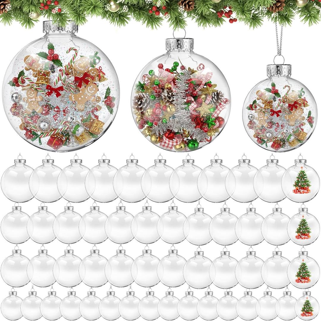 Wettarn 50 Pcs 4" 3.15" 2.36" Clear Plastic Flat Fillable Ornaments for Crafts Plastic Discs Christmas Hanging Ornaments Ball with Lid Rope for DIY Crafts Xmas Tree Home Decor Holiday Wedding Party