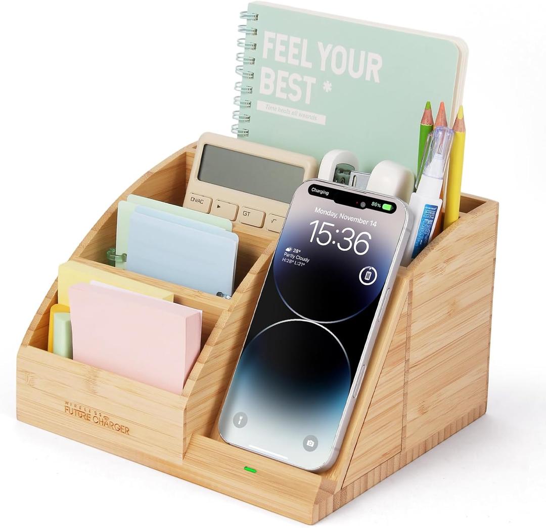 Bamboo Pen Holder for Desk & Nightstand Organizer with Fast Wireless Charging for iPhone, Samsung & More  Office Desk Accessories for Men/Women (Natural)