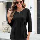 TICTICMIMI Women's 3/4 Sleeve Tops Crew Neck Pleated T Shirts Loose Fit Tunic Shirts (Large, Black)