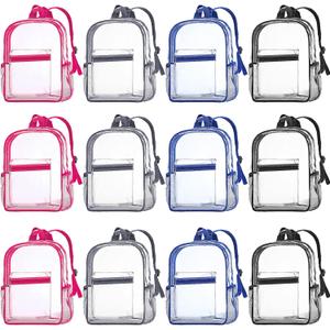 WILLBOND 12Pack Clear Backpack Heavy Duty Transparent Bookbag See Through Waterproof Plastic Backpack Bulk(Multicolor) (Rose Red, Blue, Light Gray, Black)