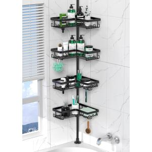 Corner Shower Caddy Tension Pole - 4 Tier Stainless Steel Rustproof Shower Corner Caddy for Bathroom Shower Organizer Shelves Adjustable Pole 25-114.2 Inch Black (Dark Black)