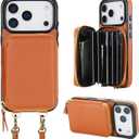 Bocasal Crossbody Wallet Case for iPhone 17 Pro, RFID Blocking Leather Purse Case with Card Holder, Protective Handbag Flip Cover with Zipper Wrist Strap Lanyard for Women 5G 6.3 Inch (Brown)