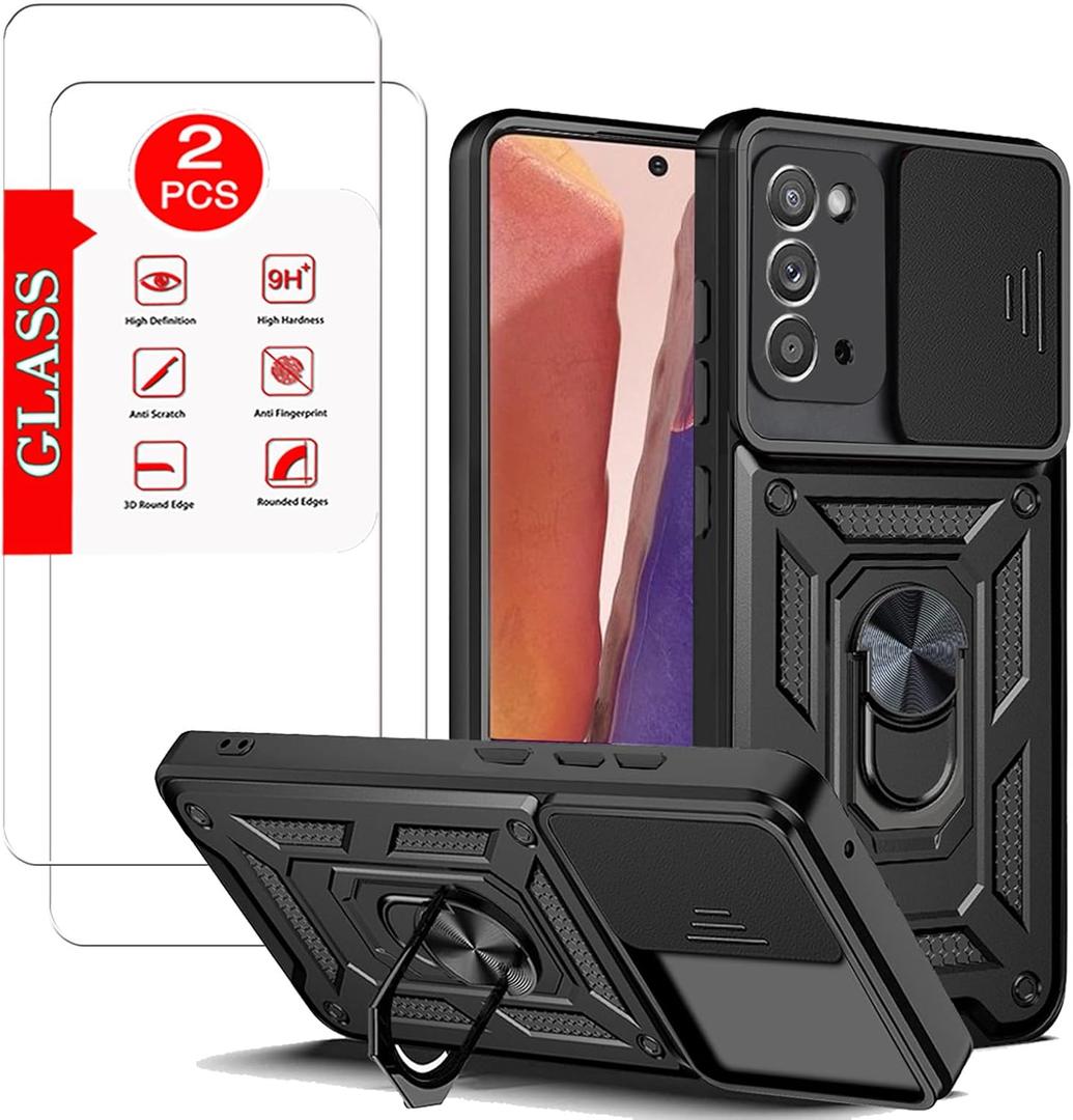 for Samsung Galaxy Note 20 5G Case with [2 Pack] Tempered Glass Screen Protector, for Galaxy Note 20 Dual Layer Protective Heavy Duty Rugged [Military-Grade] ProtectiveMagnetic Kickstand Car Holder (SJ-Black)