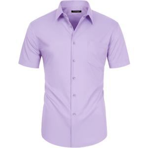 FAHIZO Men's Short Sleeve Dress Shirt Regular Fit Soild Casual Business Stretch Button Down Shirts with Pocket (3X-Large, Lavender)