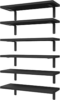 WOPITUES Wood Floating Shelves Set of 6, Shelves for Wall Decor, Farmhouse Shelf for Bedroom, Bathroom Storage Shelves, Book Shelves for Living Room-Black