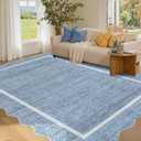 GarveeHome Scalloped Washable Rug 4x6, Blue Boho Living Room Area Rug, Bordered Non-Slip Farmhouse Bedroom Carpet Dorm Room Throw Rug, Low Pile Soft Accent Mat for Kitchen Entry Office 4 ft x6 ft Blue