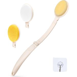 LFJ 19" Long Handle Shower Sponge Brush Set, 3 in 1 Body Brush, Bath Sponge and Lotion Applicator Improved Skin Health, Suitable for Men and Women (White Brush-1P)