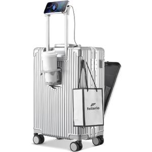 feilario Aluminum Frame PC Hard Shell Spinner Wheels Luggage,20.8"X15"X8.7 Airline Approved Built-In TSA lock Carry on Suitcase, with Cup Holder, USB Port, Phone Holder