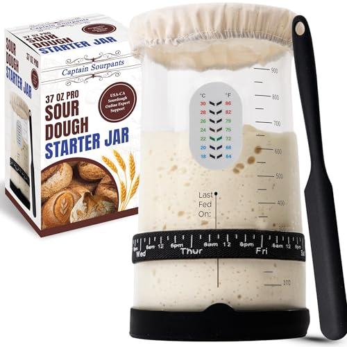 Pro Sourdough Starter Kit -37oz Wide Mouth Sourdough Starter Jar Kit for Bread - Large Glass Sourdough Jar, Feeding Band, Cloth Cover, Spatula & Thermometer–Best Sourdough Bread Kit for Beginners