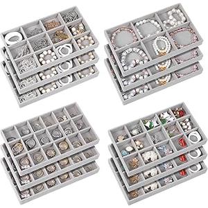 Junkin 12 Pcs Jewelry Tray Velvet Stackable Jewelry Organizer Trays Divided Earring Accessories Storage Containers Box (Rose Red)