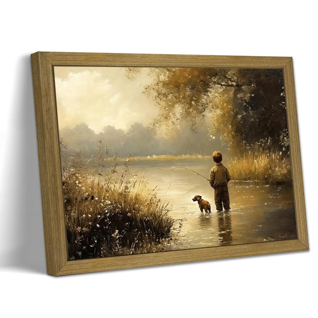 Framed Vintage Landscape Wall Art, Boy Fishing Canvas Wall Decor painting, Vintage Country Farmhouse Artwork Print Poster for Boy Room Bedroom Living Room Nursery Decor 8x10 Inch