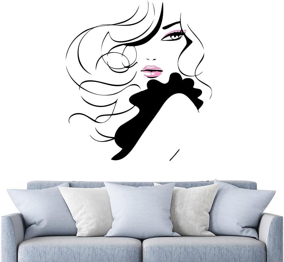 Sexy Girl Beauty Long Hair Face Makeup Salon Wall Stickers Home Decor Living Room Removable Vinyl Barbershop Wall Decal A536 (Black Girl + Pink Lips), 63cm X 56cm