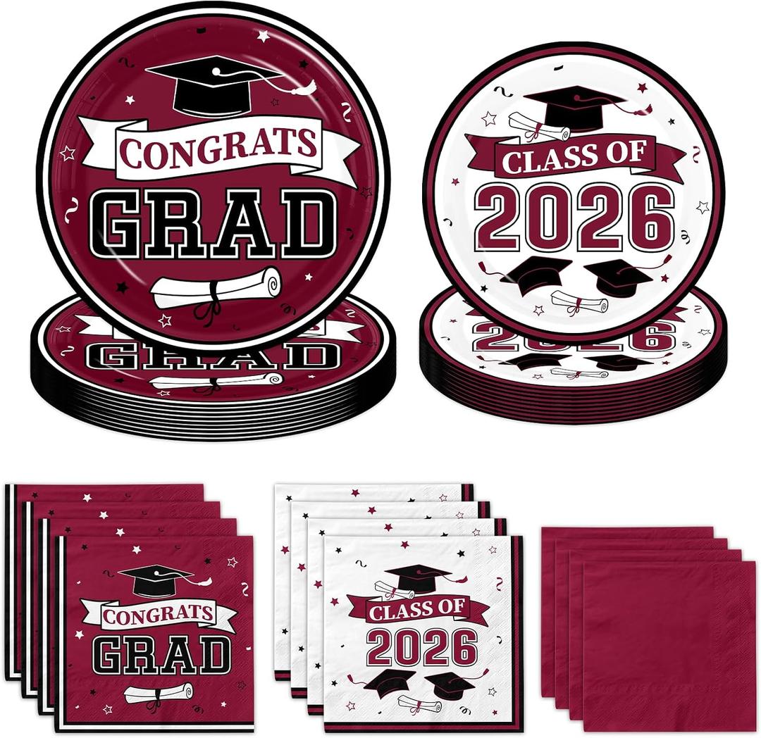 Maroon Graduation Plates and Napkins Class of 2026 Grad Congrats Party Supplies Disposable Paper Plates Napkins for 2026 Graduation Party Decorations, Serve 50