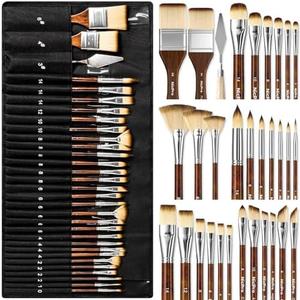 Nicpro 29pcs Paint Brush Set, Professional Acrylic Paint Brushes with Paint Spatula and Cloth Roll, Paintbrushes for Acrylic Painting, Oil, Watercolor, Gouache, Art Supplies for Artists and Beginners