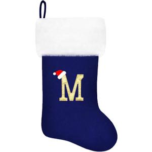 20 Inches Monogram Christmas Stockings Blue Velvet with White Super Soft Plush Cuff Embroidered Xmas Stockings Classic Personalized Stocking Decorations for Family Holiday Season Decor(M)
