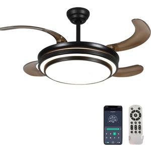 42 Inch Retractable Ceiling Fan with Light and APP/Remote Control, 6 Speed Dimmable Reversible Memory Ceiling Fan, Modern Silent Ceiling Fan for Bedroom, Living Room, Dining Room, Black