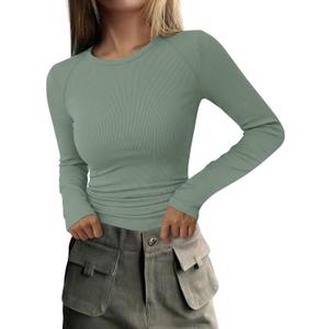 PRETTYGARDEN Long Sleeve Shirts for Women Fall Going Out Tops Casual Ribbed Knit Slim Fitted Basic Tees Y2K Spring Clothes (Large, Sage Green)