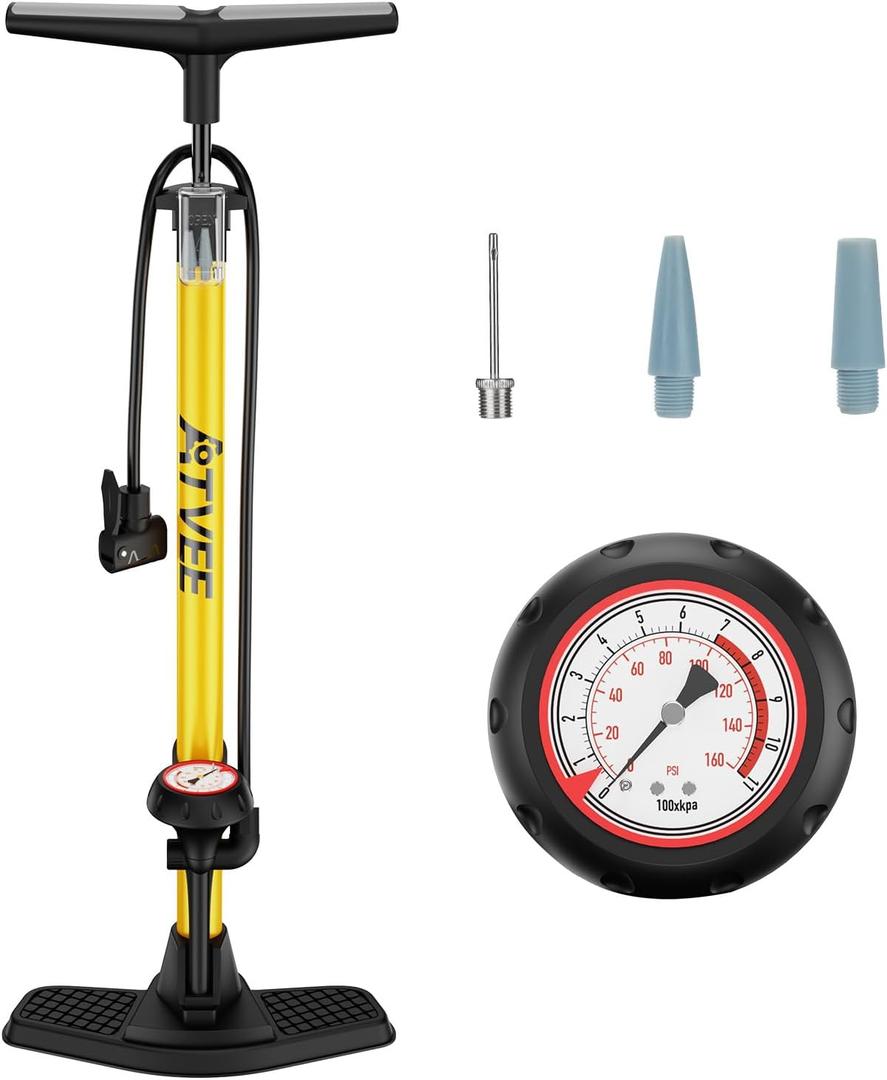 Bike Pump, 25 Height Full Size Bicycle Pump with 160 PSI High Pressure, Bike tire Pump with Presta and Schrader Valve, Bike Air Pump for Bike Tires, Balls and Swimming Ring,Bike Pumps with Psi Gauge (Yellow,Mechanical Guage)