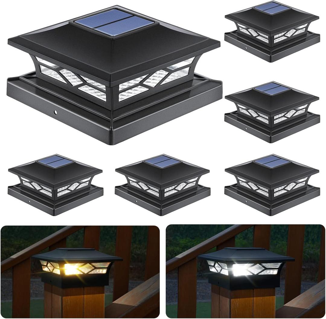 APONUO Solar Post Cap Lights, 4x4 Black Plastic Outdoor Waterproof Lights, Warm White/Cool White LEDs, Fence/Deck Decor, Garden Lighting (6)
