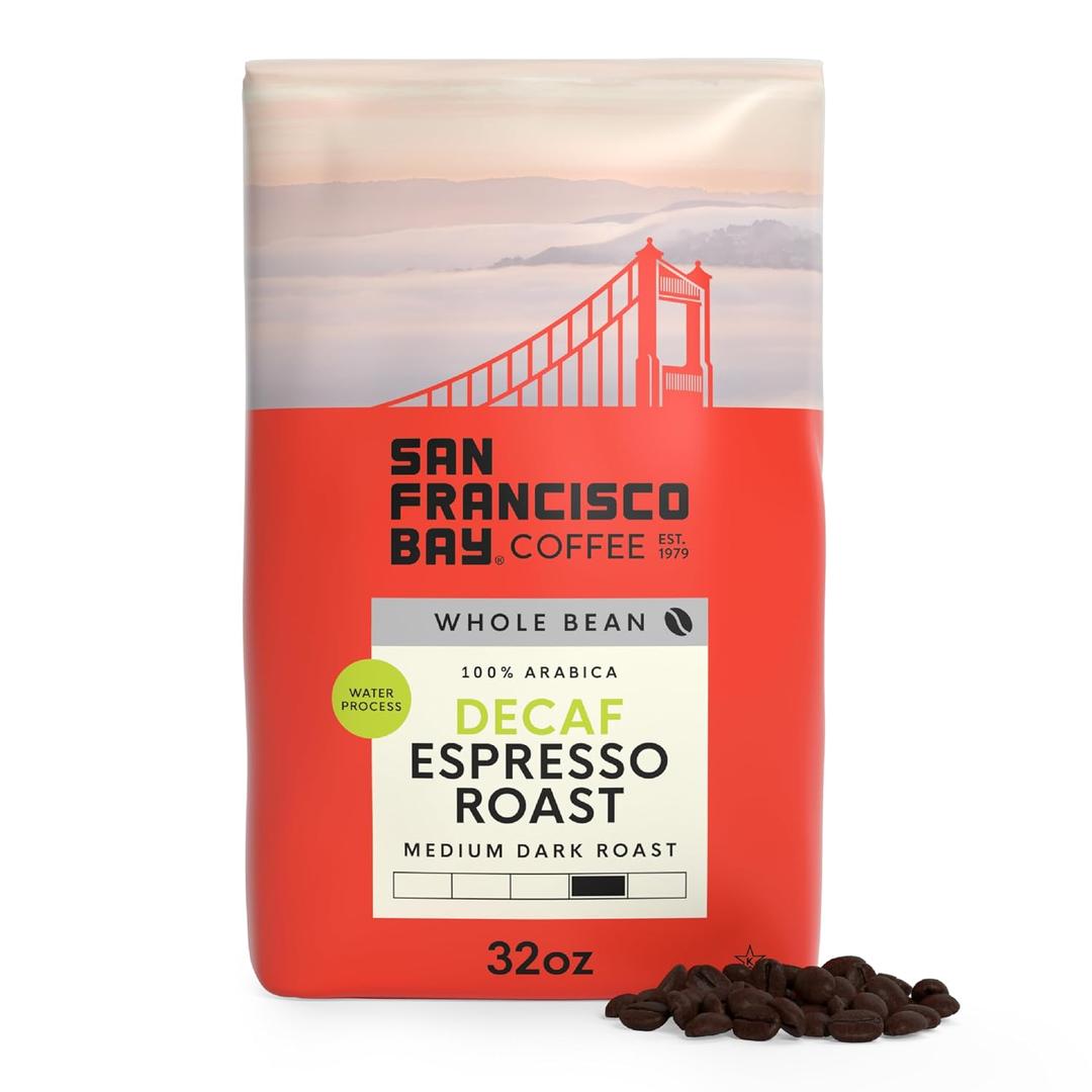 San Francisco Bay Decaf Whole Bean Coffee, Decaf Espresso Roast (32 oz Bag), Medium-Dark Roast Coffee Beans, Swiss Water Processed (EXP 10/08/25)