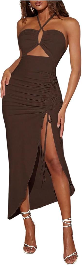 SOLY HUX Women's Cut Out Ruched Halter Dress High Split Drawstring Bodycon Maxi Vacation Dresses (Large)