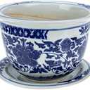 Blue and White Ceramic Flower Pot, 6.7 Inch Round Planter with Saucer for Indoor and Outdoor Plants, Excellent Drainage and Stable Design