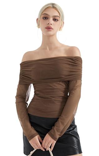 SUUKSESS Women Mesh Off The Shoulder Tops Sexy Going Out Ruched Foldover Shirt Summer Outfits (Brown, M)