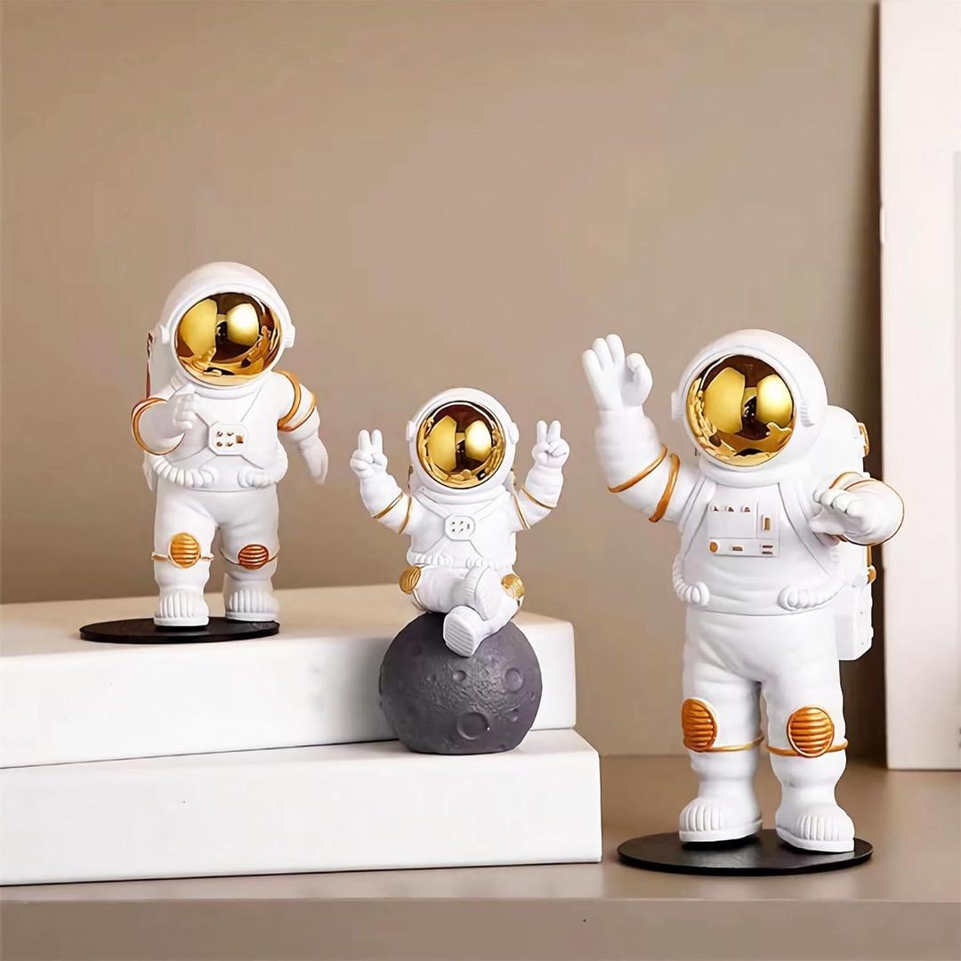 3 Pcs Gold White Astronaut Statues Set, Spaceman Sculpture Figurines Home Ornament Cake Toppers Gift