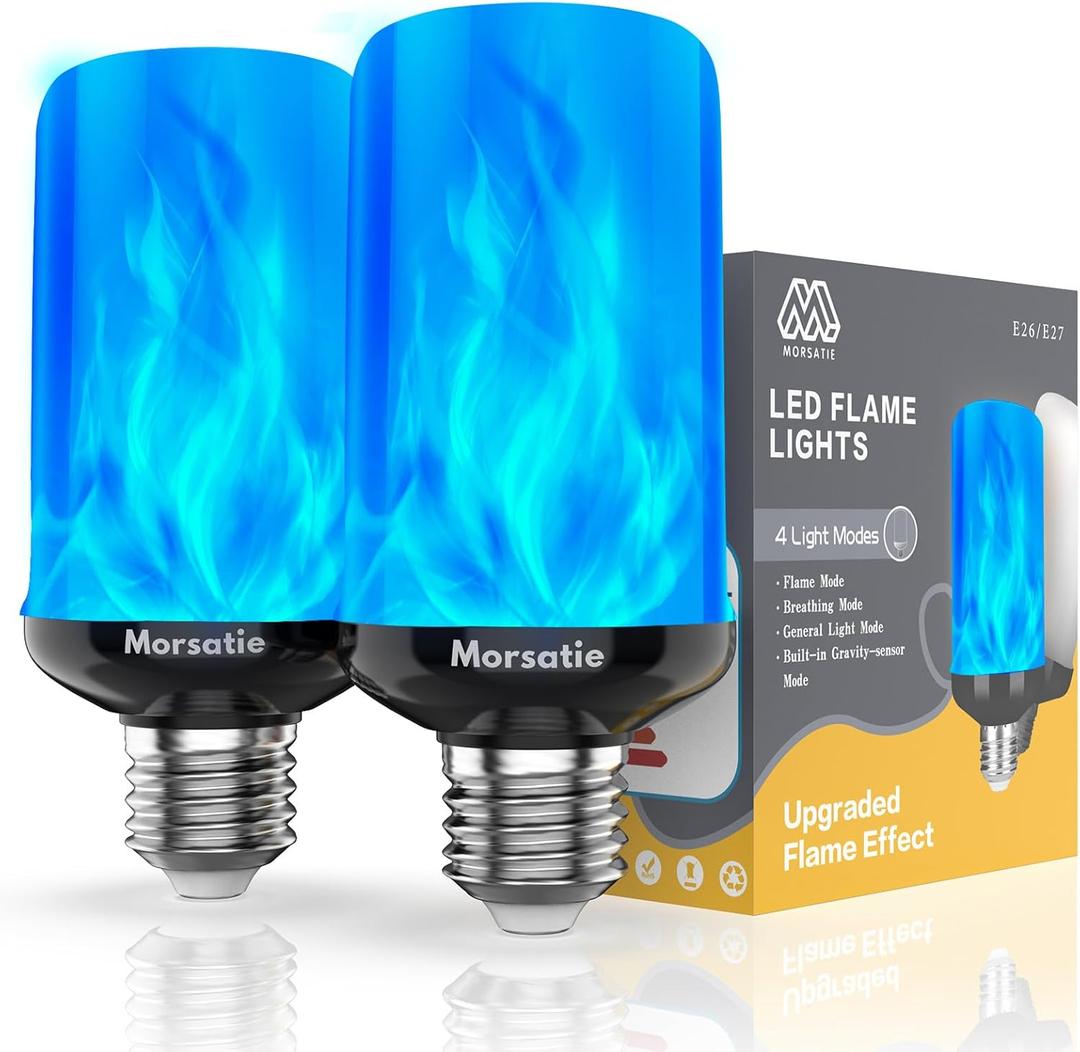 Morsatie Upgraded Flame LED Flame Light Bulbs, 4 Modes Flickering Light Bulbs with Upside Down Effect, E26 Fire Light Bulb for Christmas Halloween Party Porch Patio Indoor Outdoor Decoration, Blue, 2 Pcs