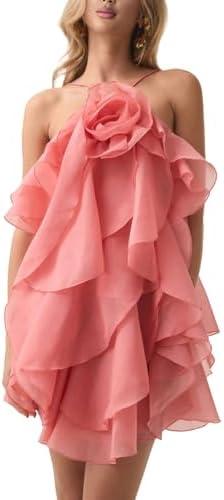 Women's Floral Dress Sexy Halter Ruffle Sleeveless Tiered Dress Elegant Party Dresses Clubwear, Medium