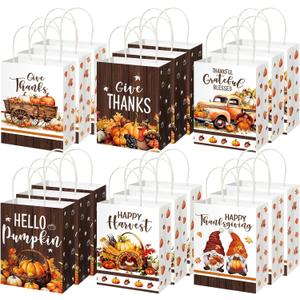 Fourluoo 30 Pack Thanksgiving Party Favor Fall Paper Gift Bags with Handles Thanksgiving Pumpkin Tote Bags 5.91 x 3.15 x 8.27 Inches Turkey Gnome Candy Gift Handbag for Harvest Party Supplies