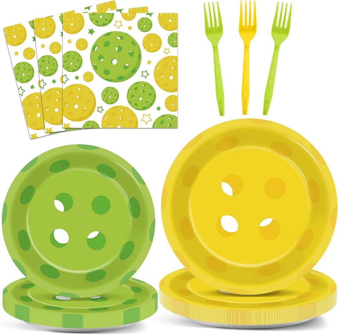 OBUSATT 96Pcs Pickleball Party Decorations Pickleball Birthday Party Plates and Napkins Supplies Disposable Dessert Tableware for Pickle Ball Birthday Baby Shower Serve 24, colourful