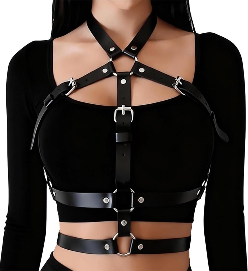 Punk Harness Belts for Woman Leather Chest Body Chain Belt Rave Halloween Accessories Belt Adjustable Gothic (Fit Waist 24.8-36 in)