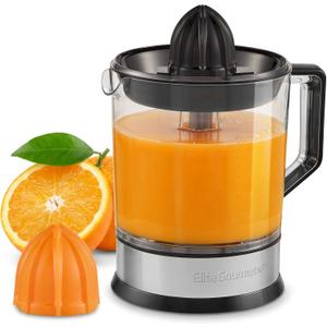 Elite Gourmet ETS740 BPA-Free Electric Citrus Juicer with 2 Cones, Compact, Large Volume, Pulp Control, Oranges, Lemons, Limes, Grapefruits with Easy Pour Spout, 1.2L, Black/Stainless Steel