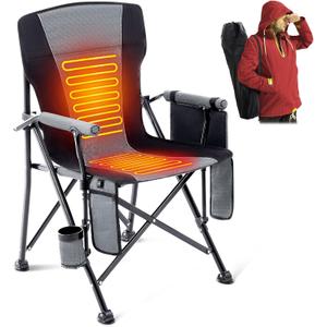 Lamberia Heated Camping Chairs for Adults, Camping Chairs, Portable Heated Chairs for Outdoor, Folding Chairs, Heavy Duty Lawn Chairs for Adults, with Cup Holder, Battery Not Included, Grey