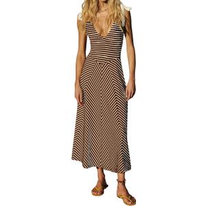 MISSACTIVER Striped Smocked Flowy Midi Dress for Women Summer Sleeveless V Neck Tie Straps Backless Beach Long Dresses (Small, Brown)