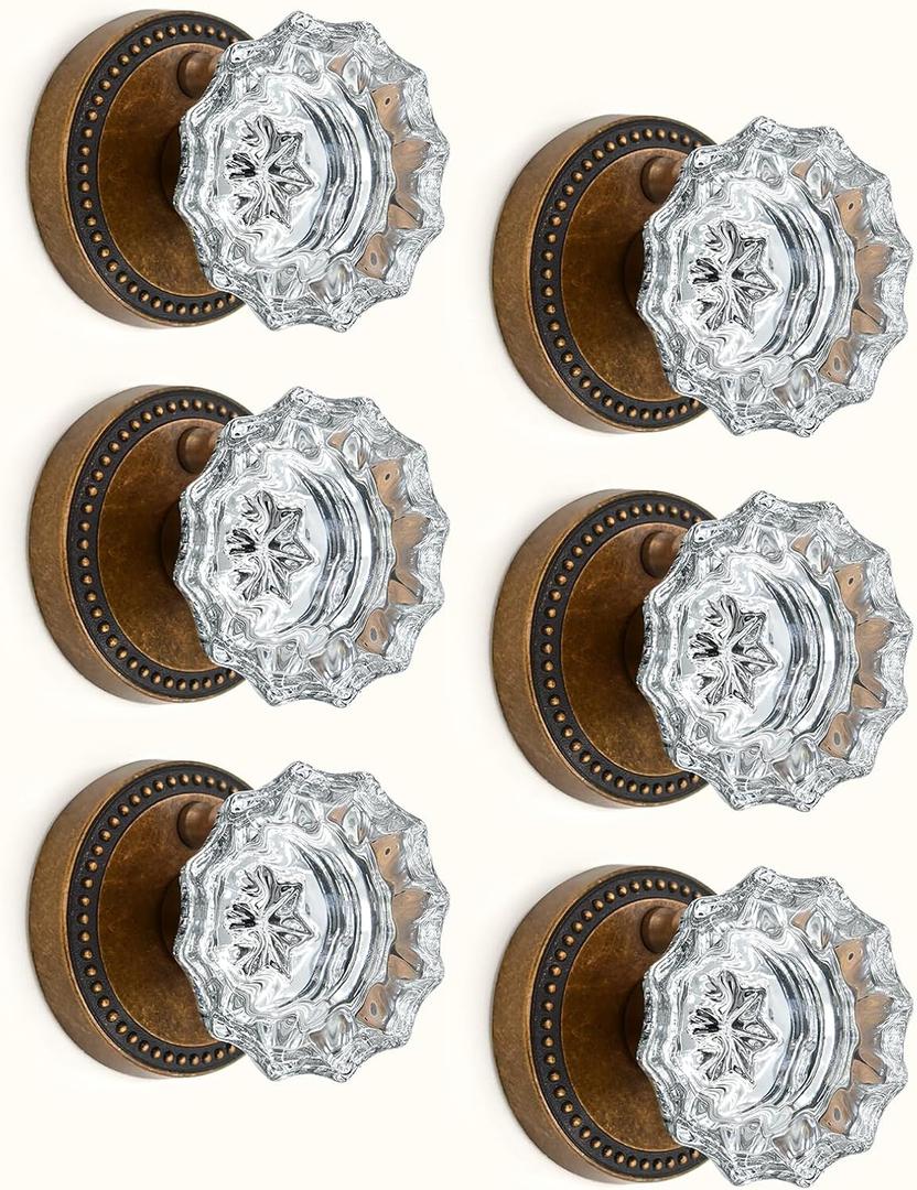 Asidrama 6 Pack Privacy Antique Brass Crystal Door Knob with Lock, Vintage Antique Brass Glass Door Knobs Interior for Bedroom or Bathroom, Heavy Duty for Left Right Sided Doors
