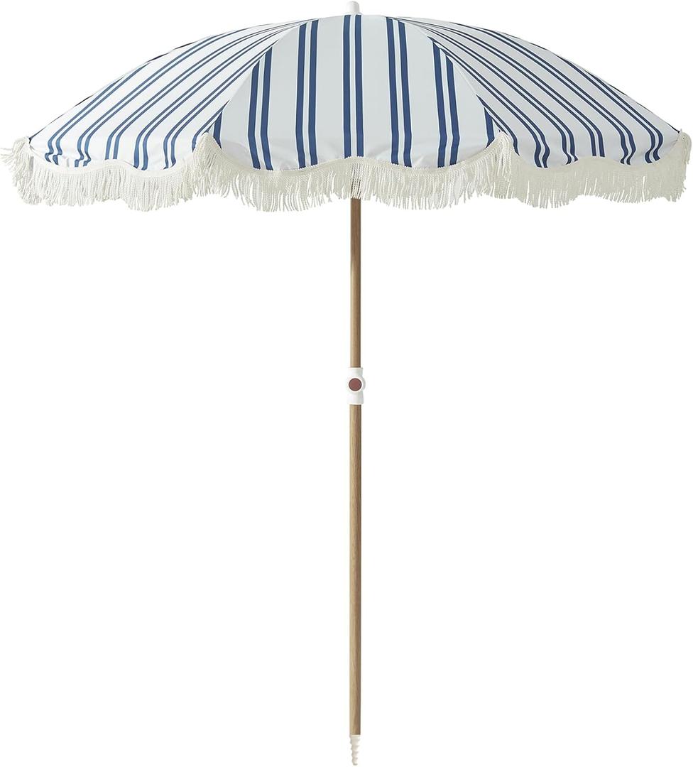 6FT Stripe Fringe Beach Umbrella for Sand with Sand Anchor, UPF 50+ Sun Shade with Tassels, Adjustable Tilt Pole, Portable Coastal Umbrella for Beach & Pool, Heritage Ocean Blue Stripe