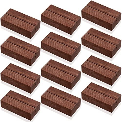 12 Pieces Wood Place Card Holders Wood Sign Table Number Stands Name Card Holder for Wedding Party Events Decoration(3 x 1.6 x 0.8 Inch, Walnut Color)