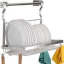 TQVAI Over Sink Dish Drainer Drying Rack, Stainless Steel Foldable Wall Mounted Dish Racks with Drainboard Hanging Rod and Sponge Holder, Silver