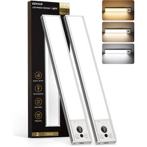 EZVALO 12inch Under Cabinet Lighting, Rechargeable Motion Sensor Light Indoor with 3 Color Temperatures, Dimmable & Magnetic Closet Lights, Wireless Under Counter Lights for Kitchen, Stairs (2 Pack)