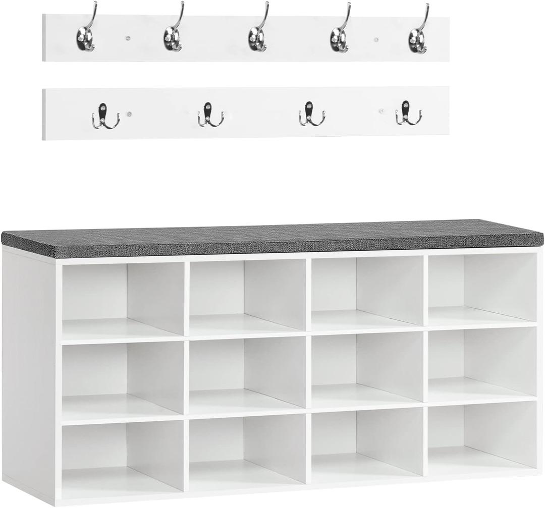 HOOBRO Shoe Storage Bench with Cushion, 39.4" L Entryway Bench with 12 Cubbies, Entryway Hall Tree with Storage, Cubby Shoe Rack Bench with Coat Rack for Hallway, Holds up to 330 lb, White WT112HX01, Large