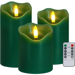 Flameless Candles Lights, Set of 3 Flickering LED Candles with Remote & Timer, Dimmable Electric Pillar Candles Battery Operated, Green Candles for Home St. Patricks Day Christmas Decor (Green)